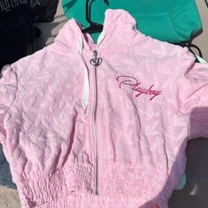 Playboy Pink Embossed Hoodie with Heart Zipper